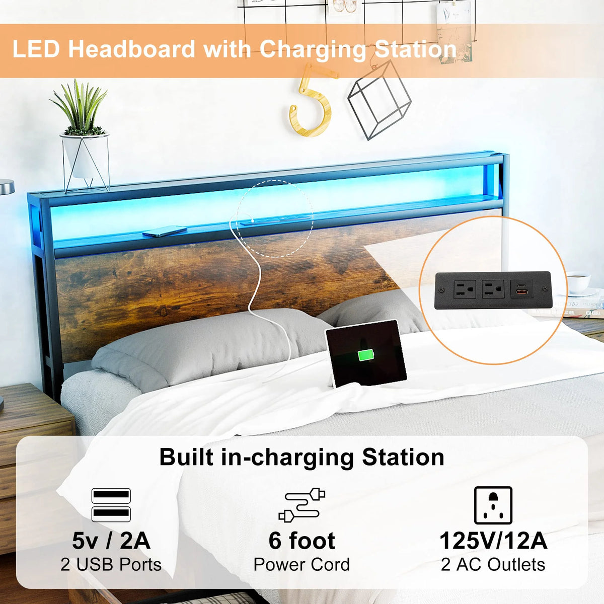 LED Full Bed Frame with Storage Headboard & 4 Drawers, Industrial Metal Platform Bed with Power Charging - Product image 4