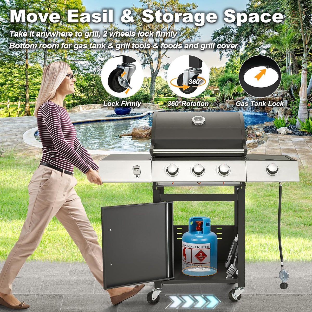 Upgraded 4 Burner BBQ Propane Gas Grill with Cast Iron Grates & Side Stove, 44 - Product image 45