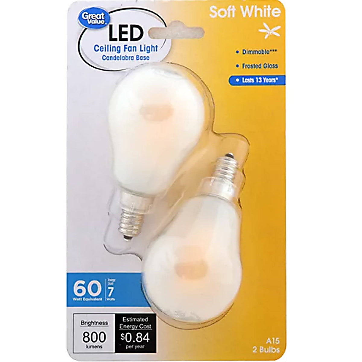 Great Value LED Ceiling Fan Bulb, 7-Watt (60W Equivalent) A15 with E12 Base Soft White, 2 Pack - Product image 1