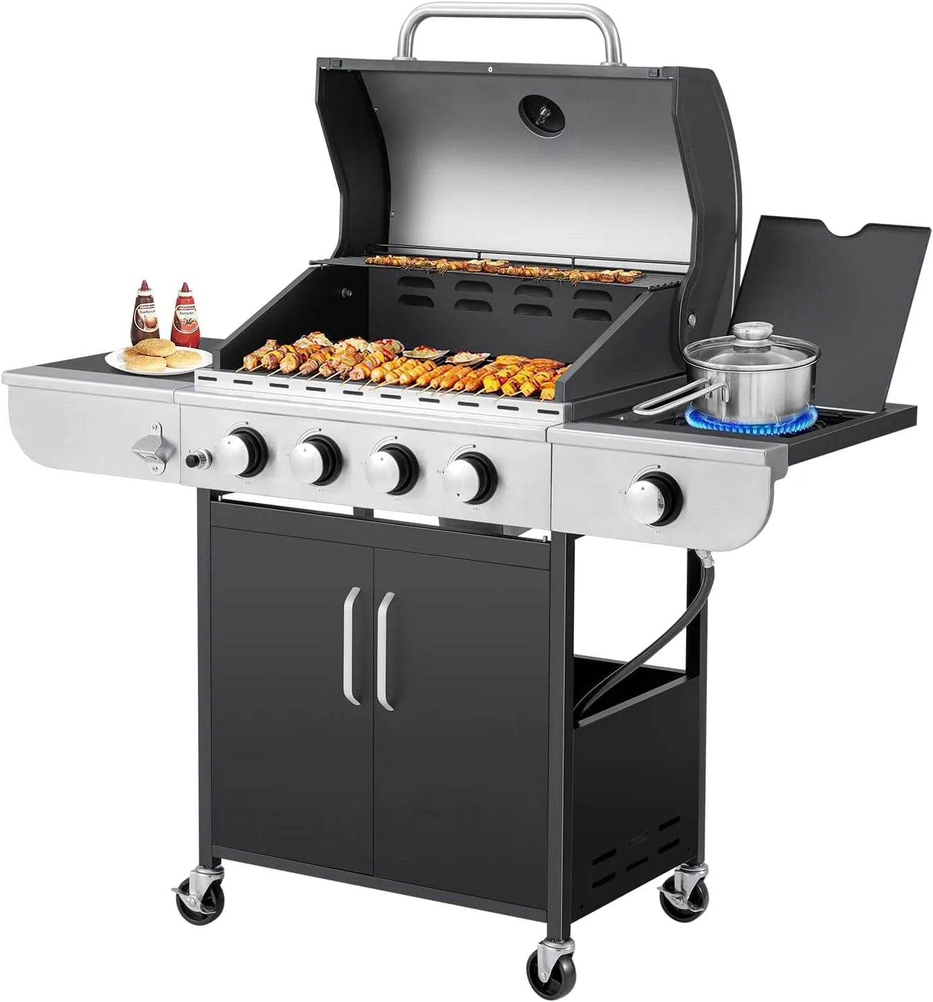 Upgraded 4 Burner BBQ Propane Gas Grill with Cast Iron Grates & Side Stove, 44 - Product image 2