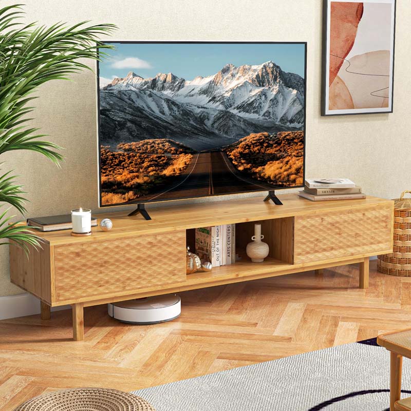 63" Bamboo TV Stand for Up to 70" TVs, Mid Century Modern Entertainment Center Media Console with Sliding - Product image 2