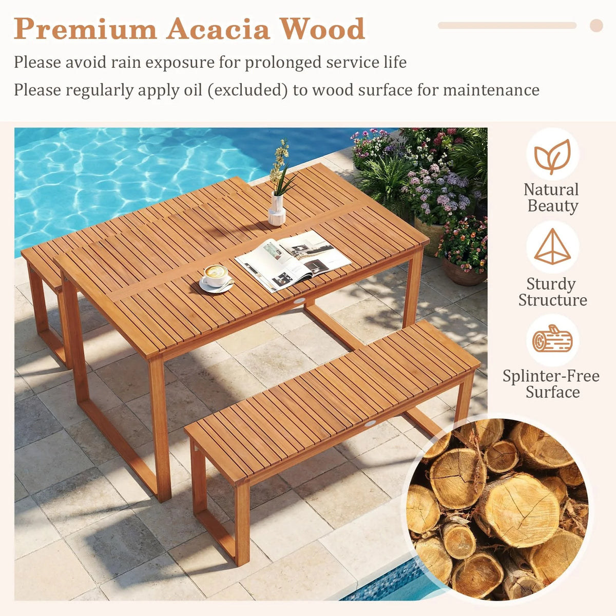 Tangkula Rectangular Acacia Wood Patio Dining Table with Slatted Tabletop (49" x 27.5") - Product image 6