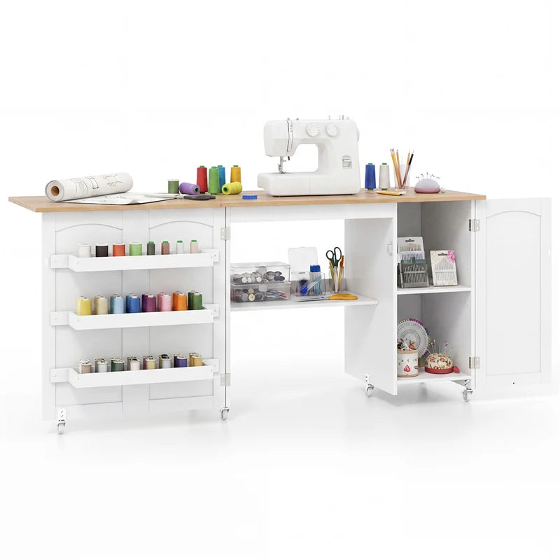 62.5" Folding Sewing Table Rolling Craft Station with Storage Cabinet & Shelves - Product image 19