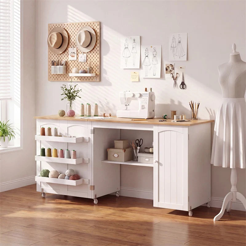 62.5" Folding Sewing Table Rolling Craft Station with Storage Cabinet & Shelves - Product image 21