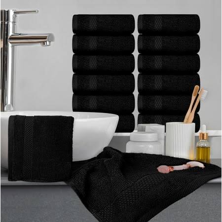 White Classic Luxury Cotton 12 PC Washcloth Set, Hotel Style Small Bath Towel and Face Cloth 13x13, Black Soft Plush Washcloth Pack of 12