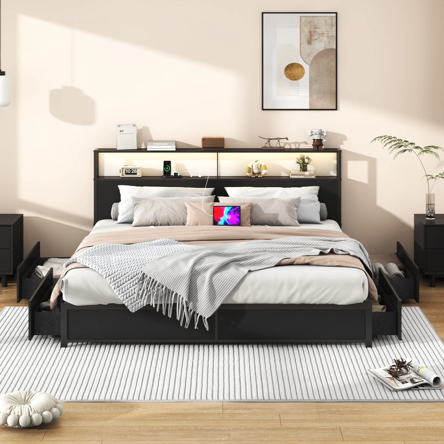 LED Full Bed Frame with Storage Headboard & 4 Drawers, Industrial Metal Platform Bed with Power Charging - Product image 16