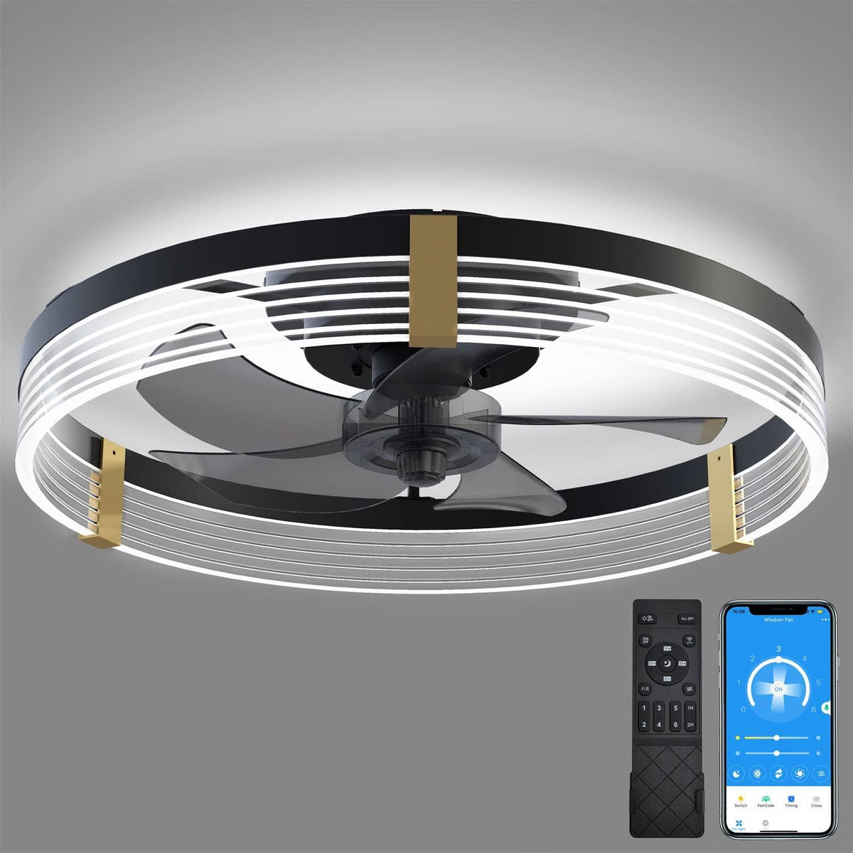 GOSONKT 19.7" Low Profile Ceiling Fan with Lights and Remote, Modern Flush Mount LED Stepless Dimmable - Product image 1