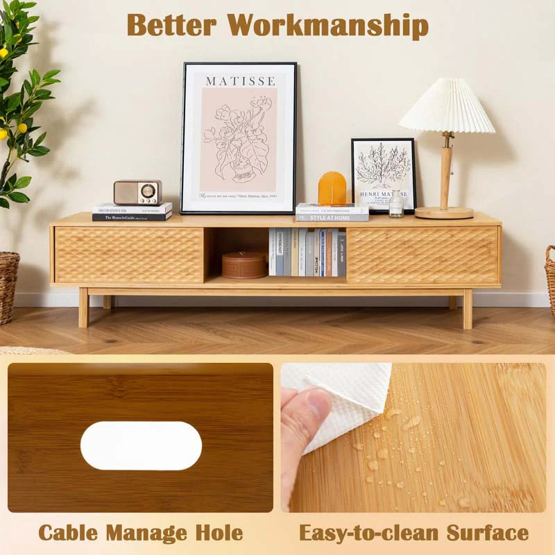 63" Bamboo TV Stand for Up to 70" TVs, Mid Century Modern Entertainment Center Media Console with Sliding - Product image 8