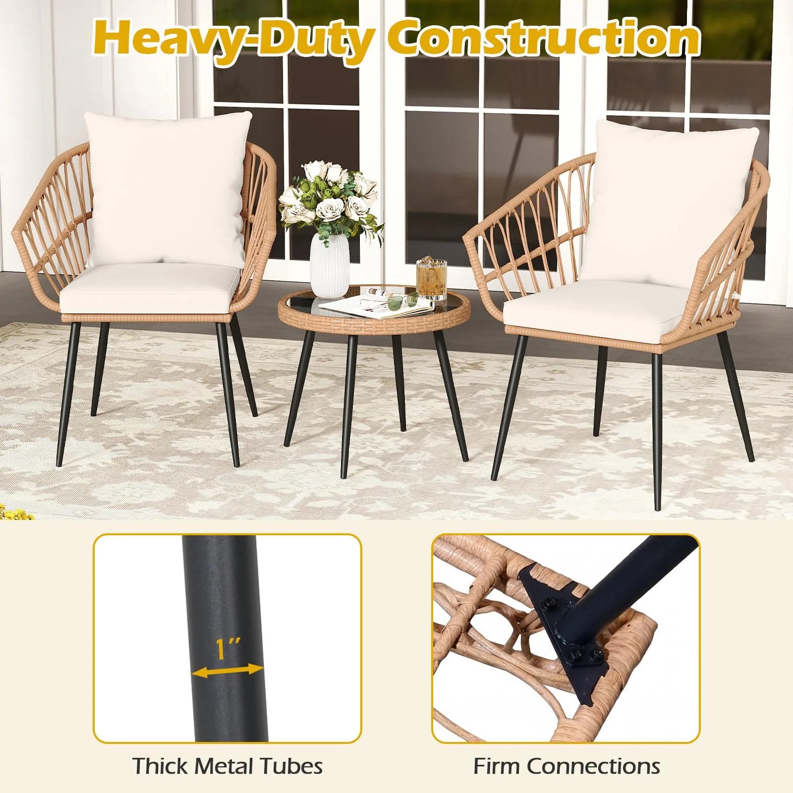 Tangkula 3 Piece Patio Bistro Set with Metal Frame for Balcony
