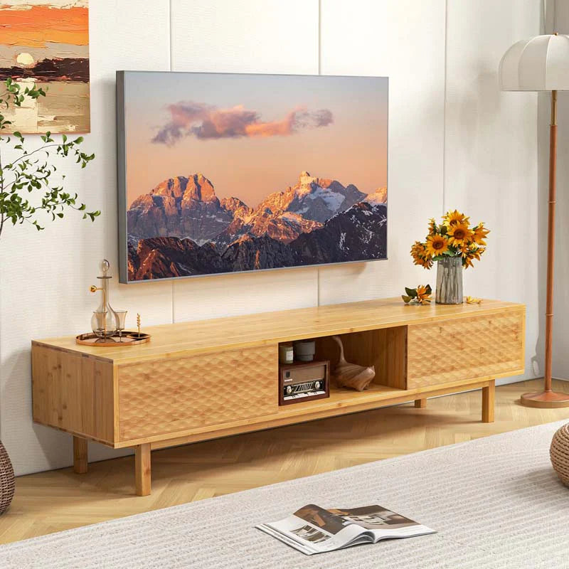 63" Bamboo TV Stand for Up to 70" TVs, Mid Century Modern Entertainment Center Media Console with Sliding - Product image 4