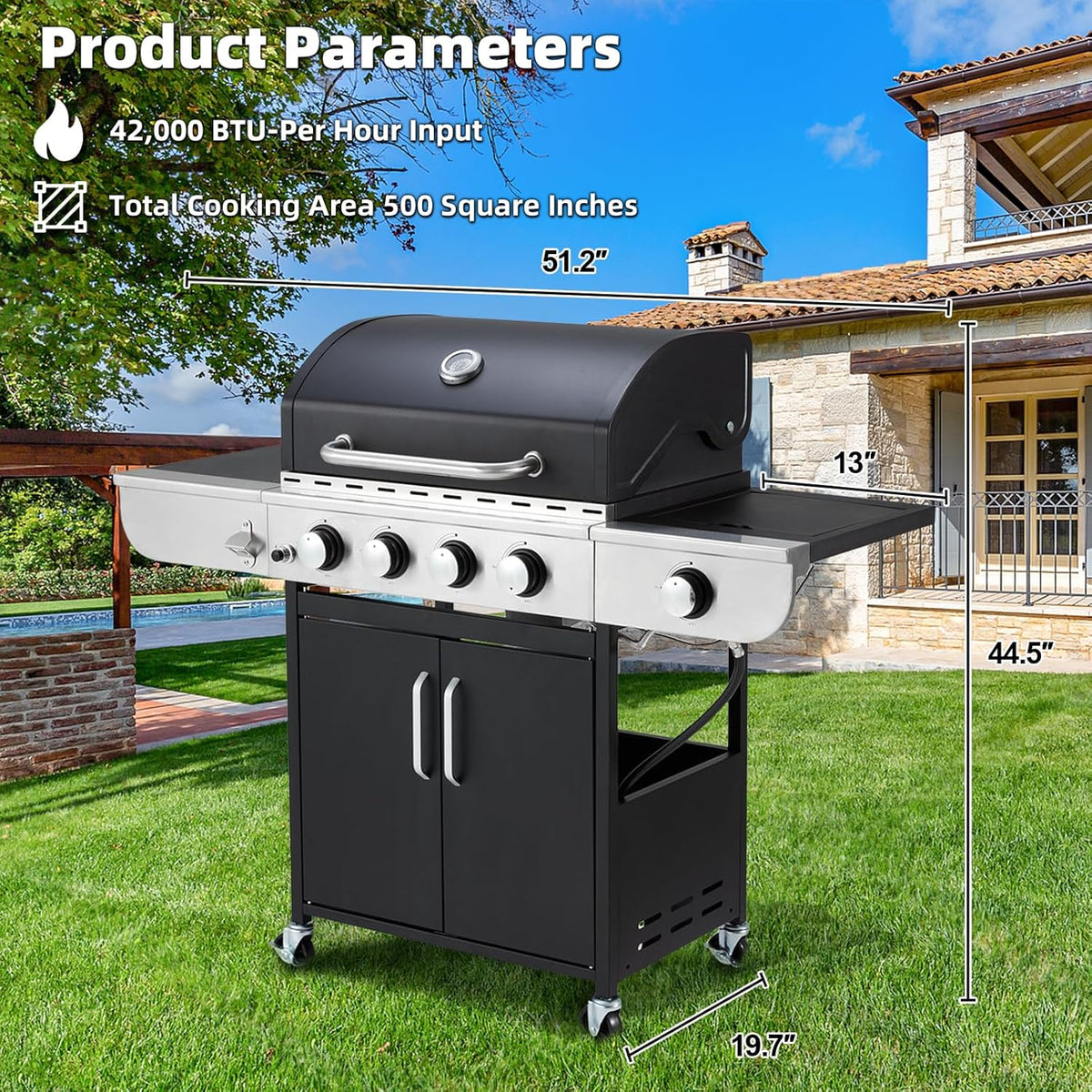 Upgraded 4 Burner BBQ Propane Gas Grill with Cast Iron Grates & Side Stove, 44 - Product image 16
