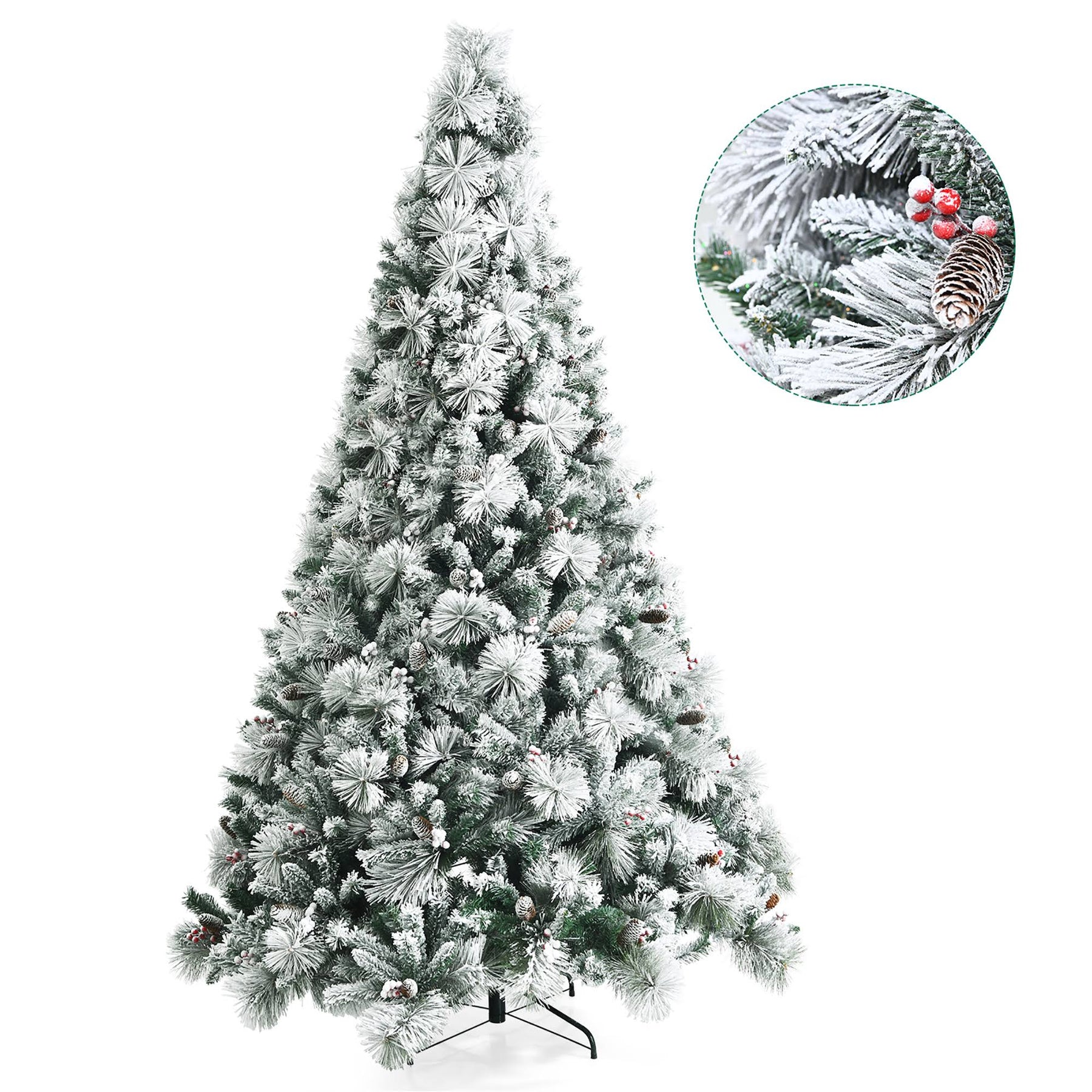 Costway CM23591 8ft Snow Flocked Artificial Christmas Tree Glitter Tips w/Pine Cone & Red Berries - Product image 1