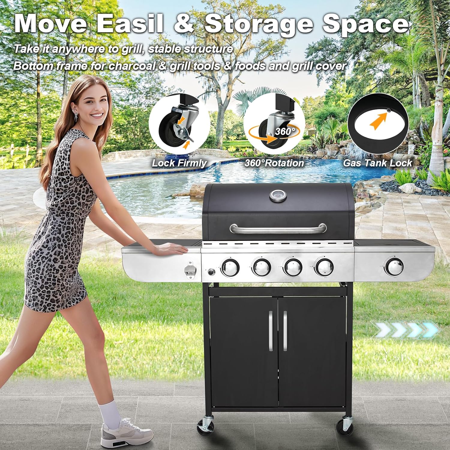 Upgraded 4 Burner BBQ Propane Gas Grill with Cast Iron Grates & Side Stove, 44 - Product image 20