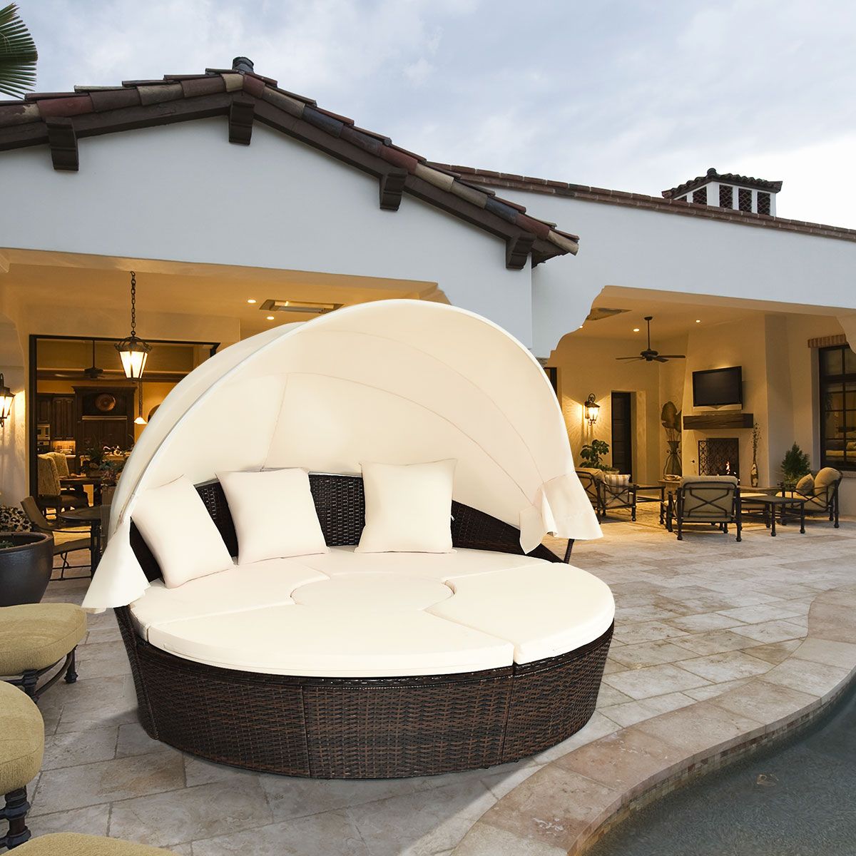 Round Outdoor Garden Bed Modular & Convertible Liftable Table - Adjustable PE Rattan Sun Shade Cushions Included Beige -