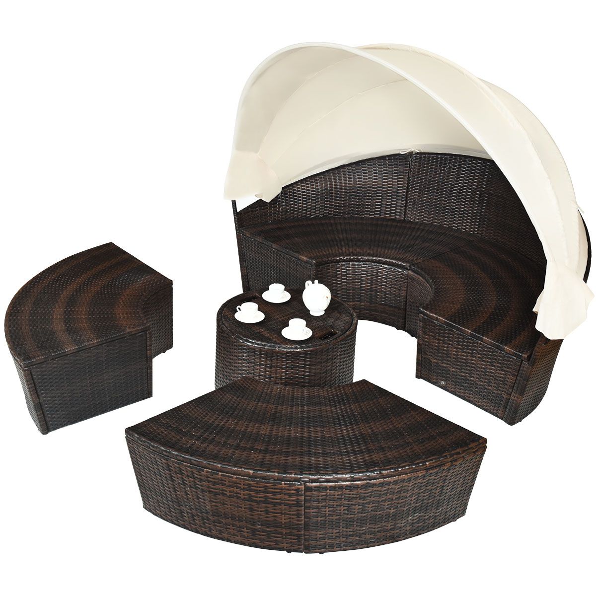 Round Outdoor Garden Bed Modular & Convertible Liftable Table - Adjustable PE Rattan Sun Shade Cushions Included Beige -