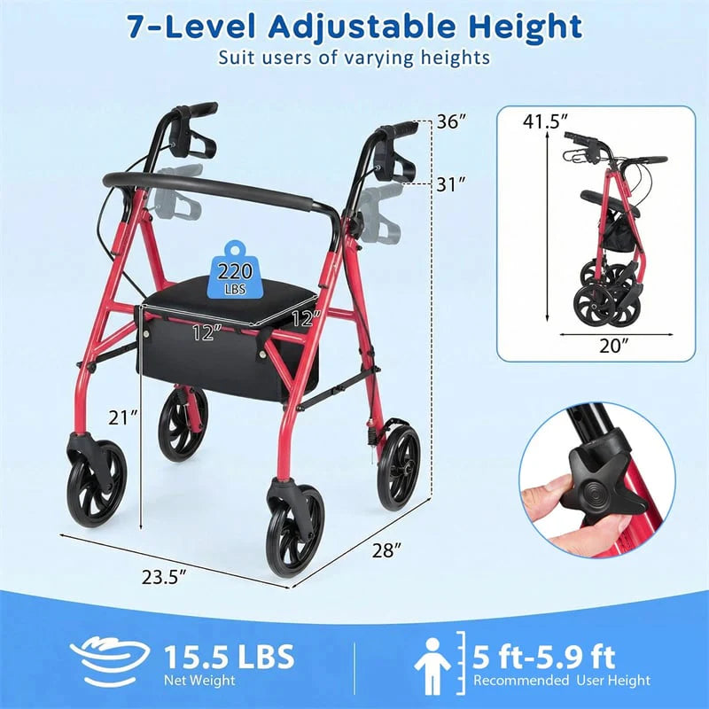 Foldable Rollator Walker with Seat & Height Adjustable Handles for Seniors - Product image 14