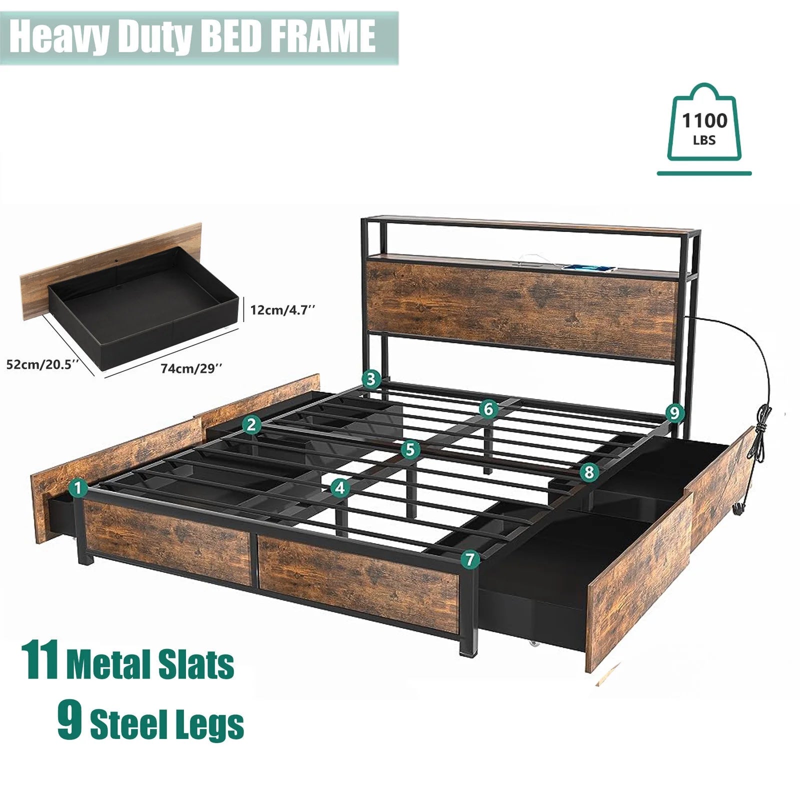 LED Full Bed Frame with Storage Headboard & 4 Drawers, Industrial Metal Platform Bed with Power Charging - Product image 7