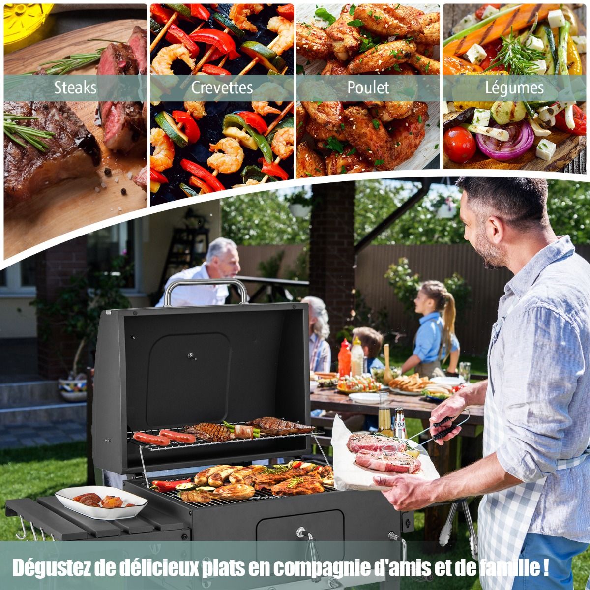 Portable Charcoal Barbecue with 2 Side Tables Black -