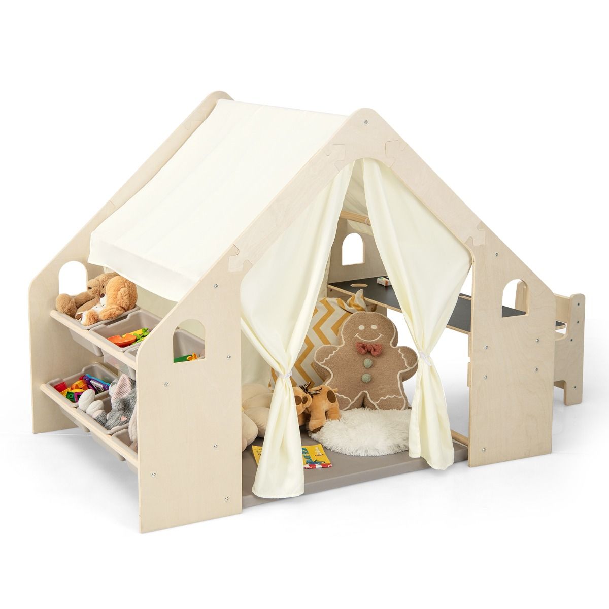 Children's Wooden Indoor Play Tent 6 in 1 Blackboard Table Chair 6 Storage Bins Floor Cushion Playhouse for 2-6 Years Old Beige -