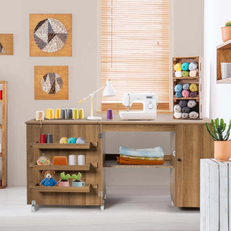 62.5" Folding Sewing Table Rolling Craft Station with Storage Cabinet & Shelves - Product image 2