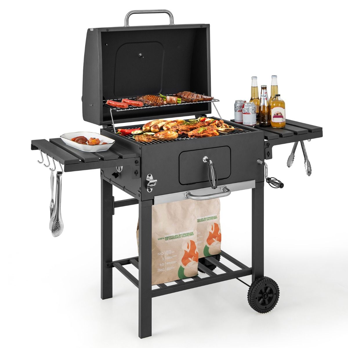 Portable Charcoal Barbecue with 2 Side Tables Black -
