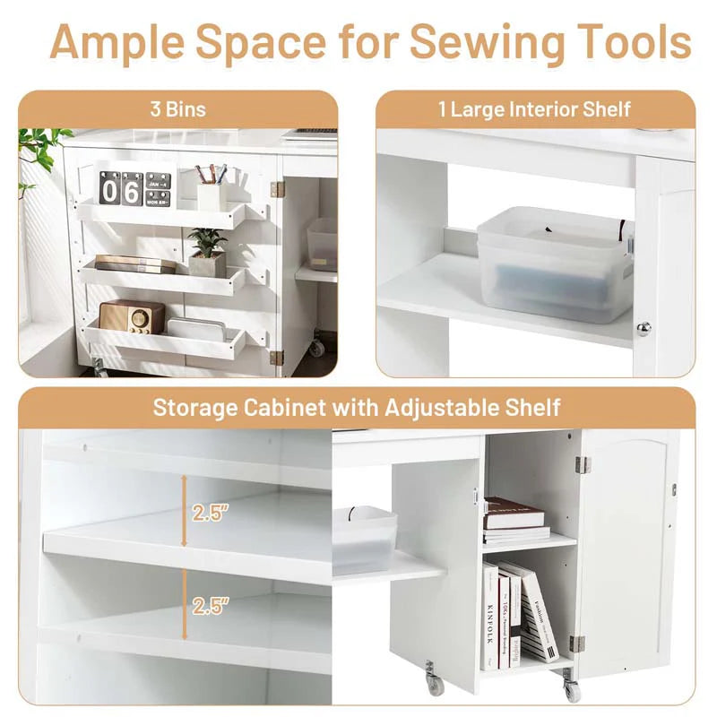 62.5" Folding Sewing Table Rolling Craft Station with Storage Cabinet & Shelves - Product image 13
