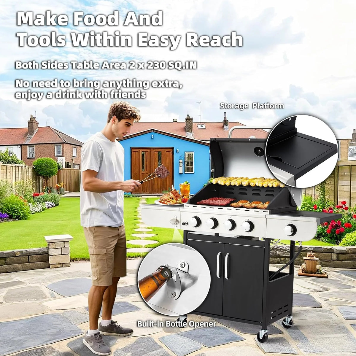 Upgraded 4 Burner BBQ Propane Gas Grill with Cast Iron Grates & Side Stove, 44 - Product image 21