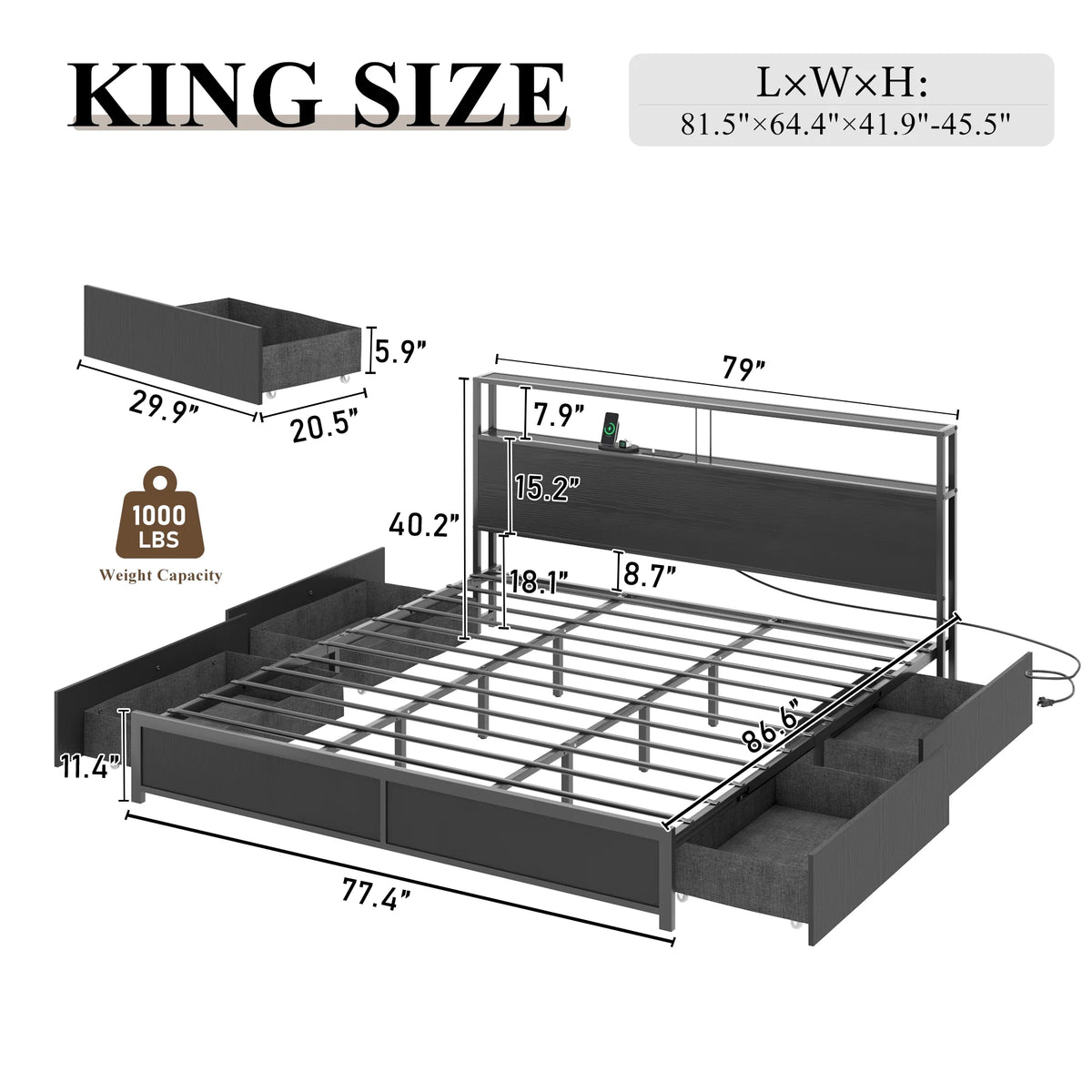 LED Full Bed Frame with Storage Headboard & 4 Drawers, Industrial Metal Platform Bed with Power Charging - Product image 14
