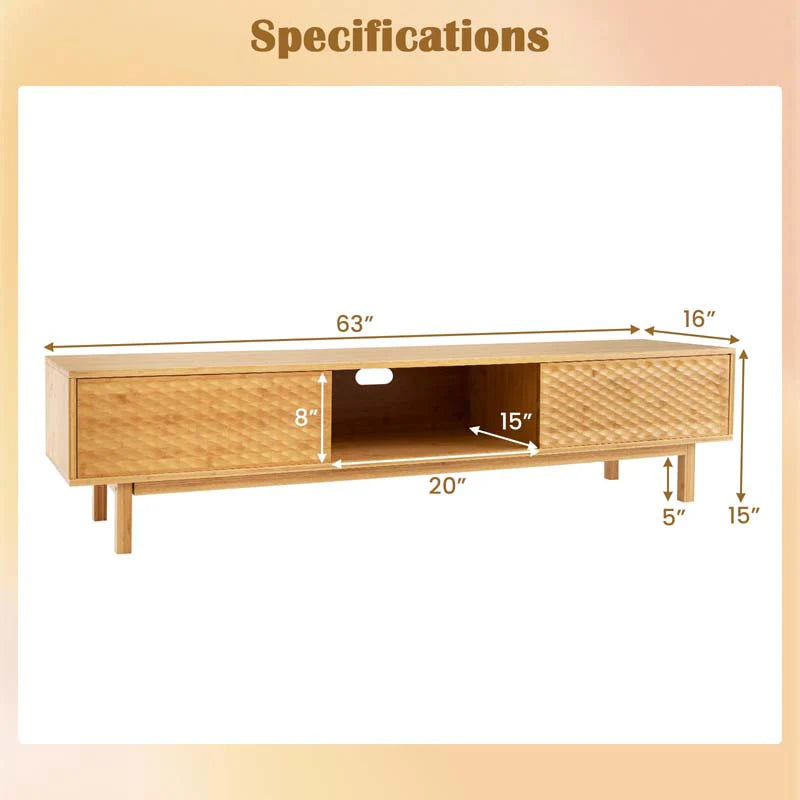63" Bamboo TV Stand for Up to 70" TVs, Mid Century Modern Entertainment Center Media Console with Sliding - Product image 9