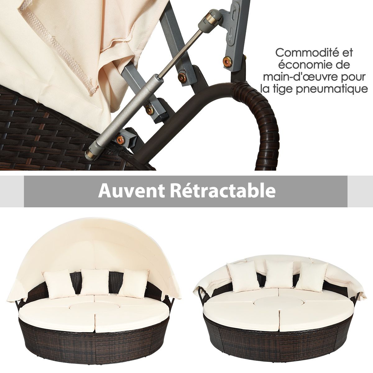 Round Outdoor Garden Bed Modular & Convertible Liftable Table - Adjustable PE Rattan Sun Shade Cushions Included Beige -