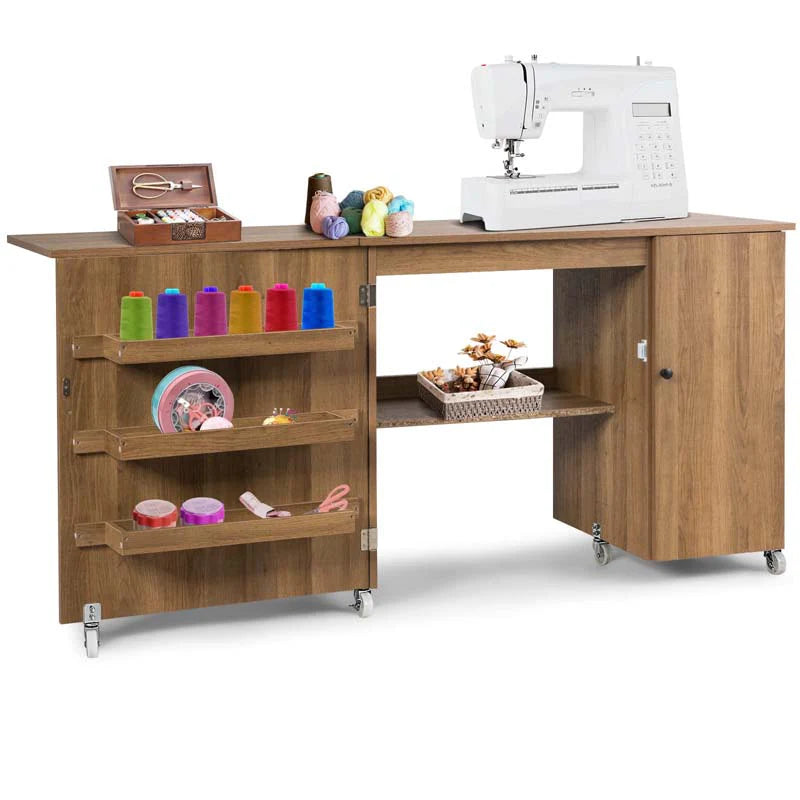 62.5" Folding Sewing Table Rolling Craft Station with Storage Cabinet & Shelves - Product image 1