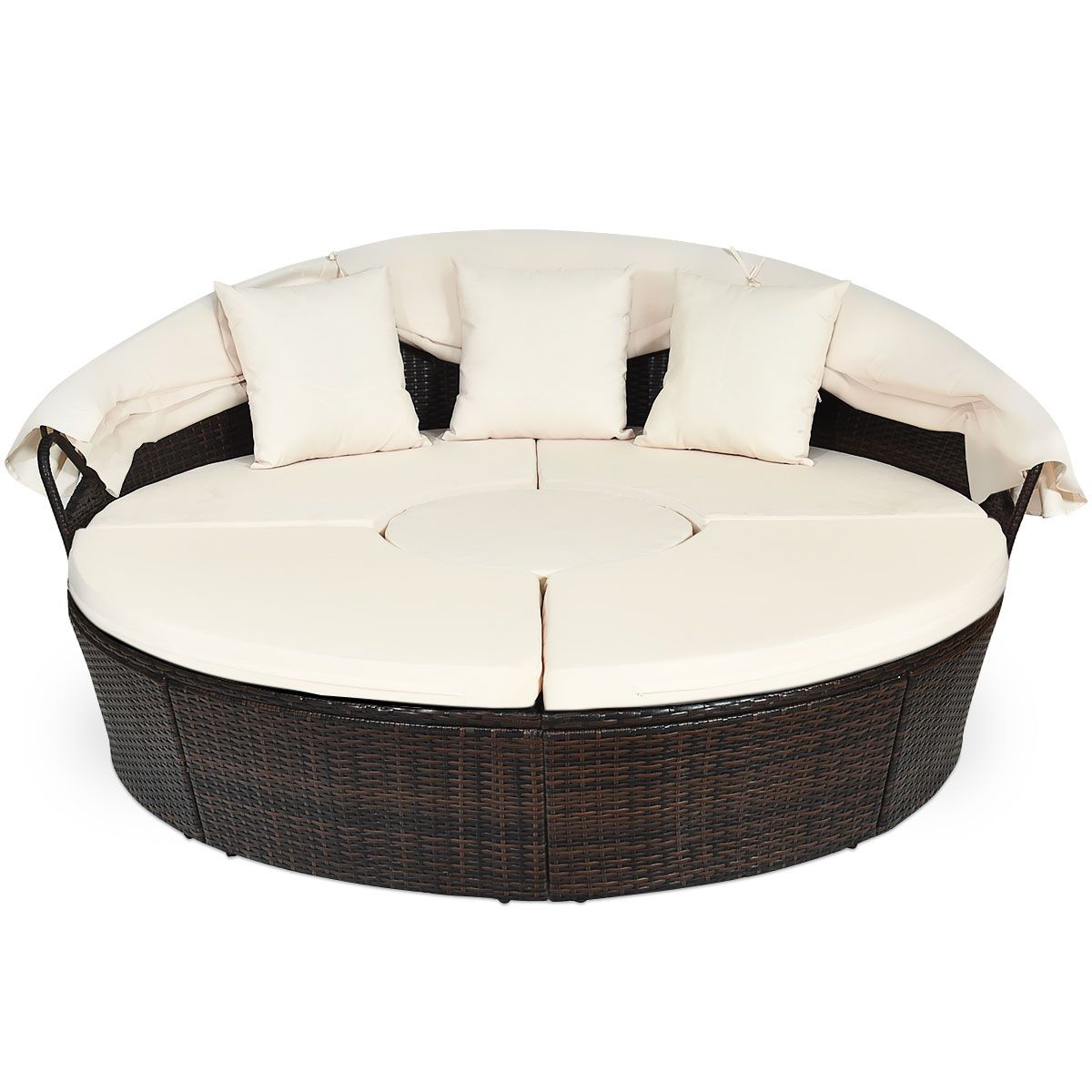 Round Outdoor Garden Bed Modular & Convertible Liftable Table - Adjustable PE Rattan Sun Shade Cushions Included Beige -