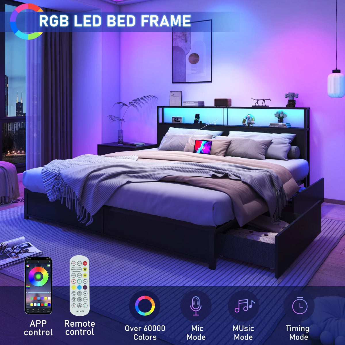 LED Full Bed Frame with Storage Headboard & 4 Drawers, Industrial Metal Platform Bed with Power Charging - Product image 11