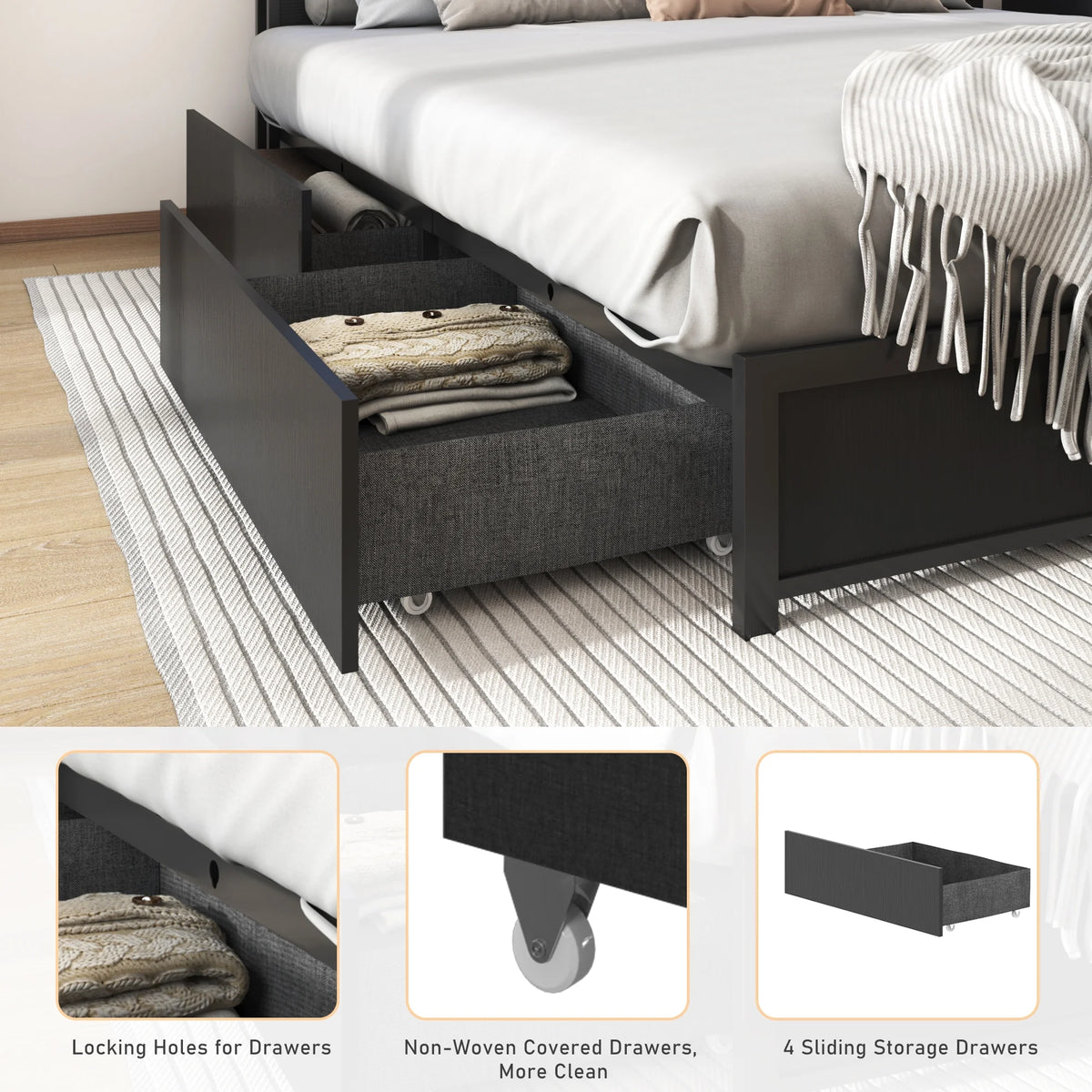 LED Full Bed Frame with Storage Headboard & 4 Drawers, Industrial Metal Platform Bed with Power Charging - Product image 13