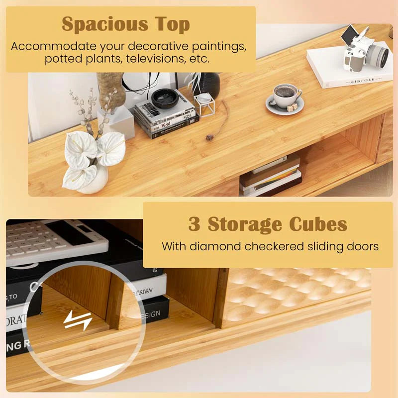 63" Bamboo TV Stand for Up to 70" TVs, Mid Century Modern Entertainment Center Media Console with Sliding - Product image 7