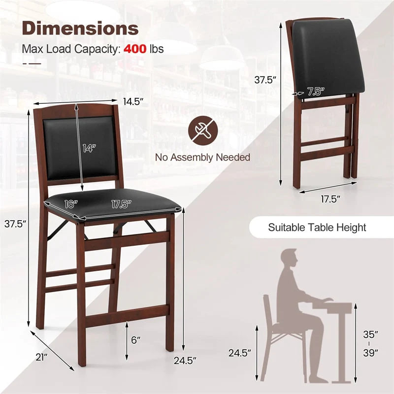 Set of 2 Folding Counter Height Bar Stools, 24.5" Kitchen Island Bar Chairs w/ Padded Backrest & Seat - Product image 4