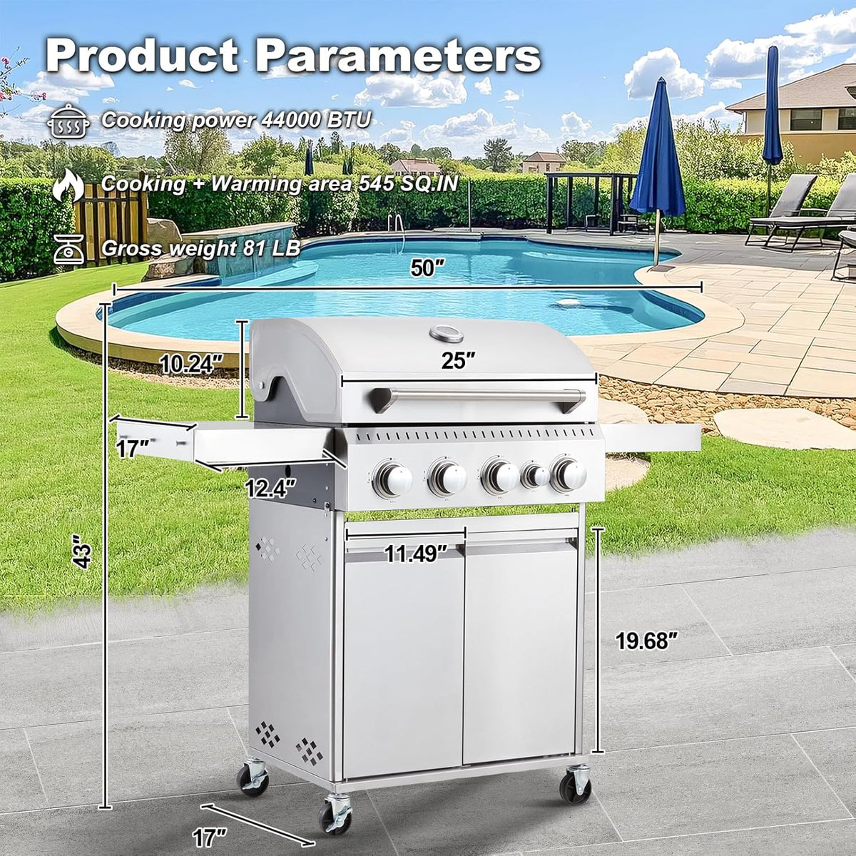 Upgraded 4 Burner BBQ Propane Gas Grill with Cast Iron Grates & Side Stove, 44 - Product image 36