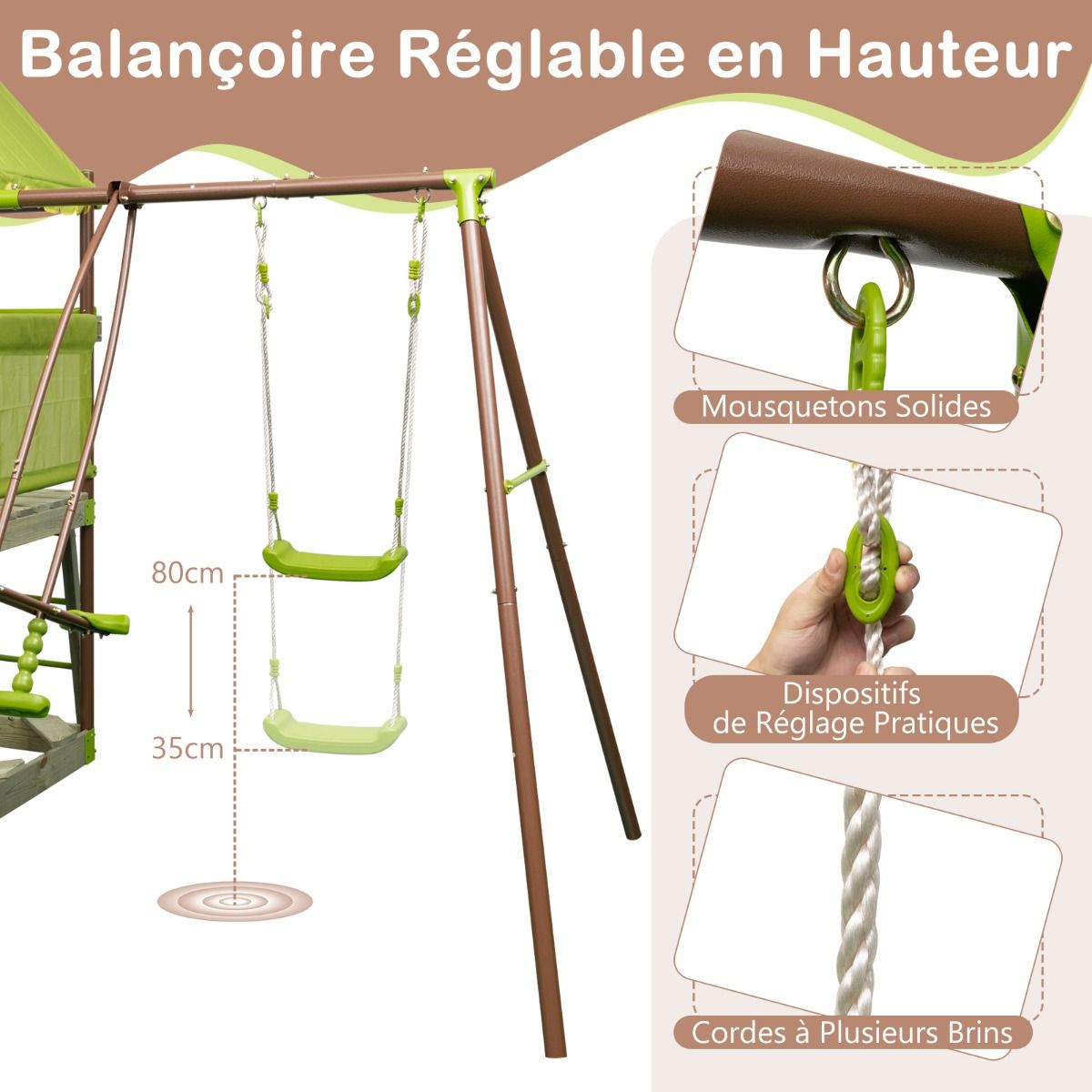 7-in-1 Swing Metal Playground with Covered Fort Height Adjustable Climbing Rope Sandbox Slider Corrugated Slide Green -