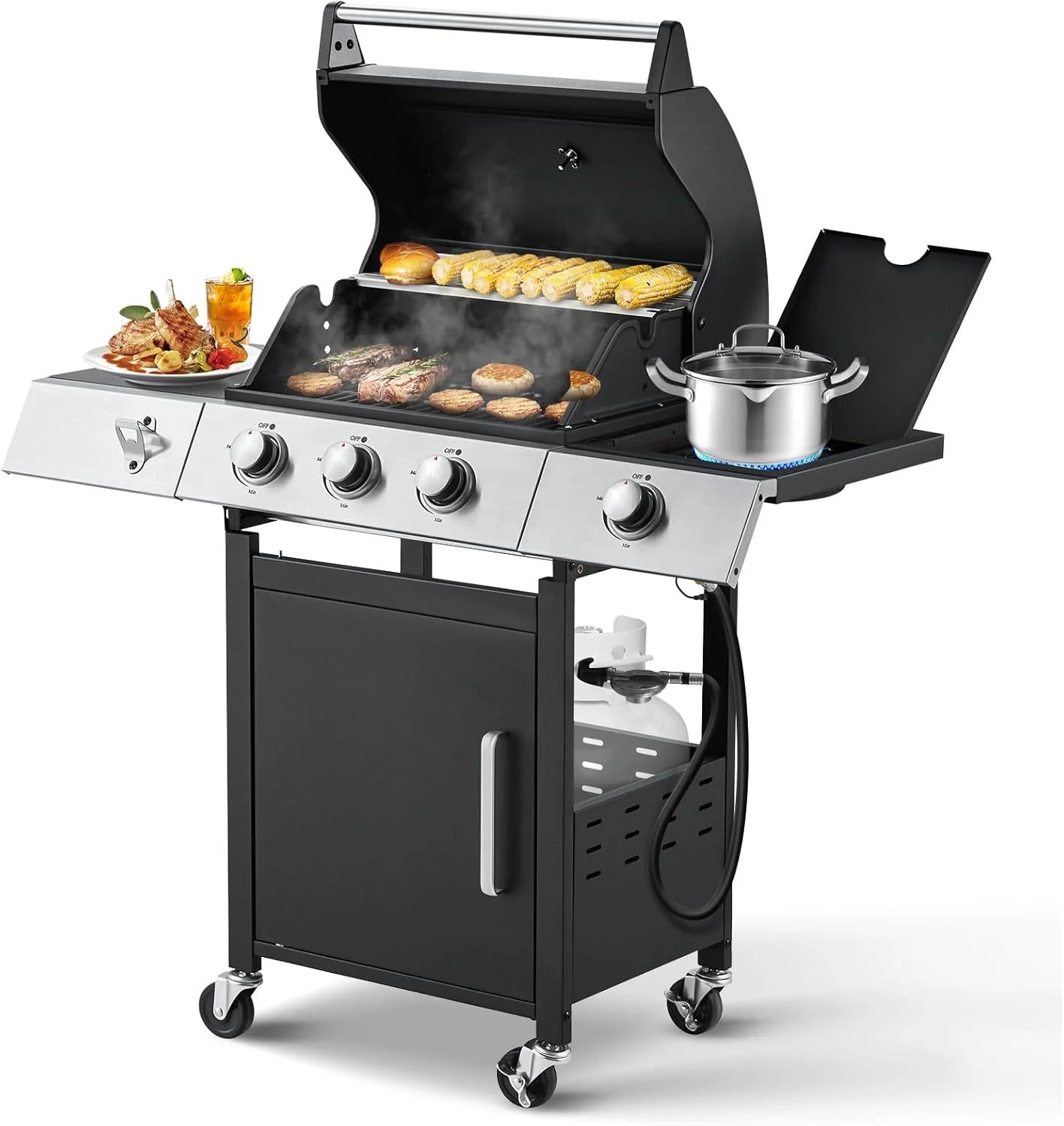 Upgraded 4 Burner BBQ Propane Gas Grill with Cast Iron Grates & Side Stove, 44 - Product image 3