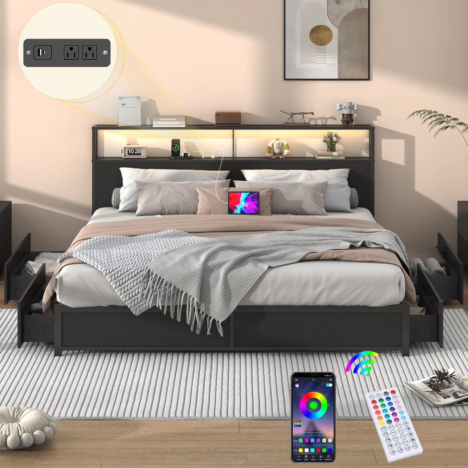 LED Full Bed Frame with Storage Headboard & 4 Drawers, Industrial Metal Platform Bed with Power Charging - Product image 3