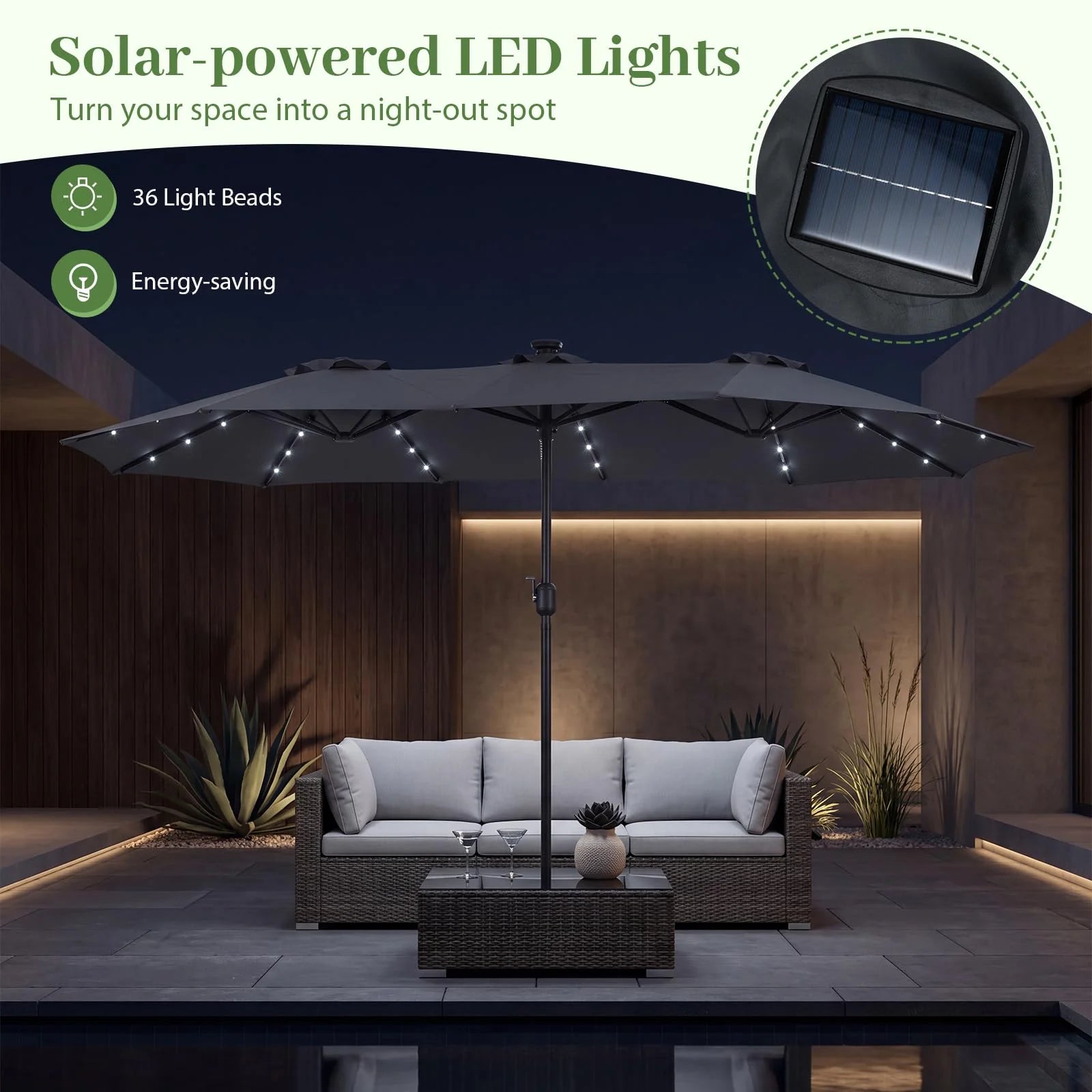 Tangkula 13 Ft Solar Patio Umbrella 36 LED Lights Crank Handle 12 Sturdy Ribs - Product image 3