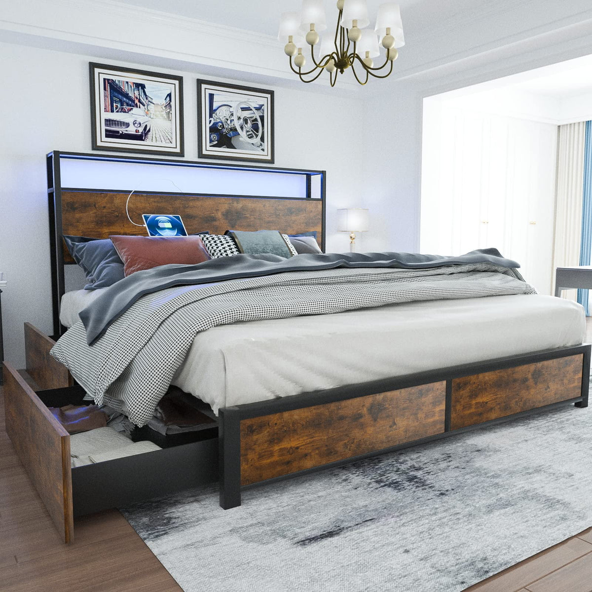 LED Full Bed Frame with Storage Headboard & 4 Drawers, Industrial Metal Platform Bed with Power Charging - Product image 10