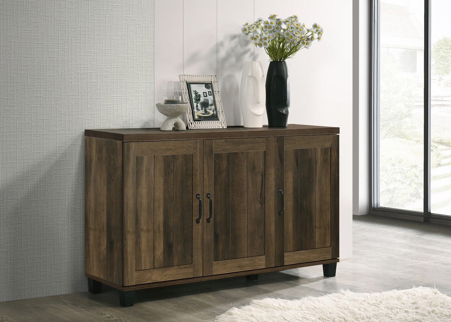 Qumbnk Wood Shoes Storage Cabinet with Handle, 3 Door Accent Cabinet for Living Room, Bedroom, Dark Brown - Product image 1