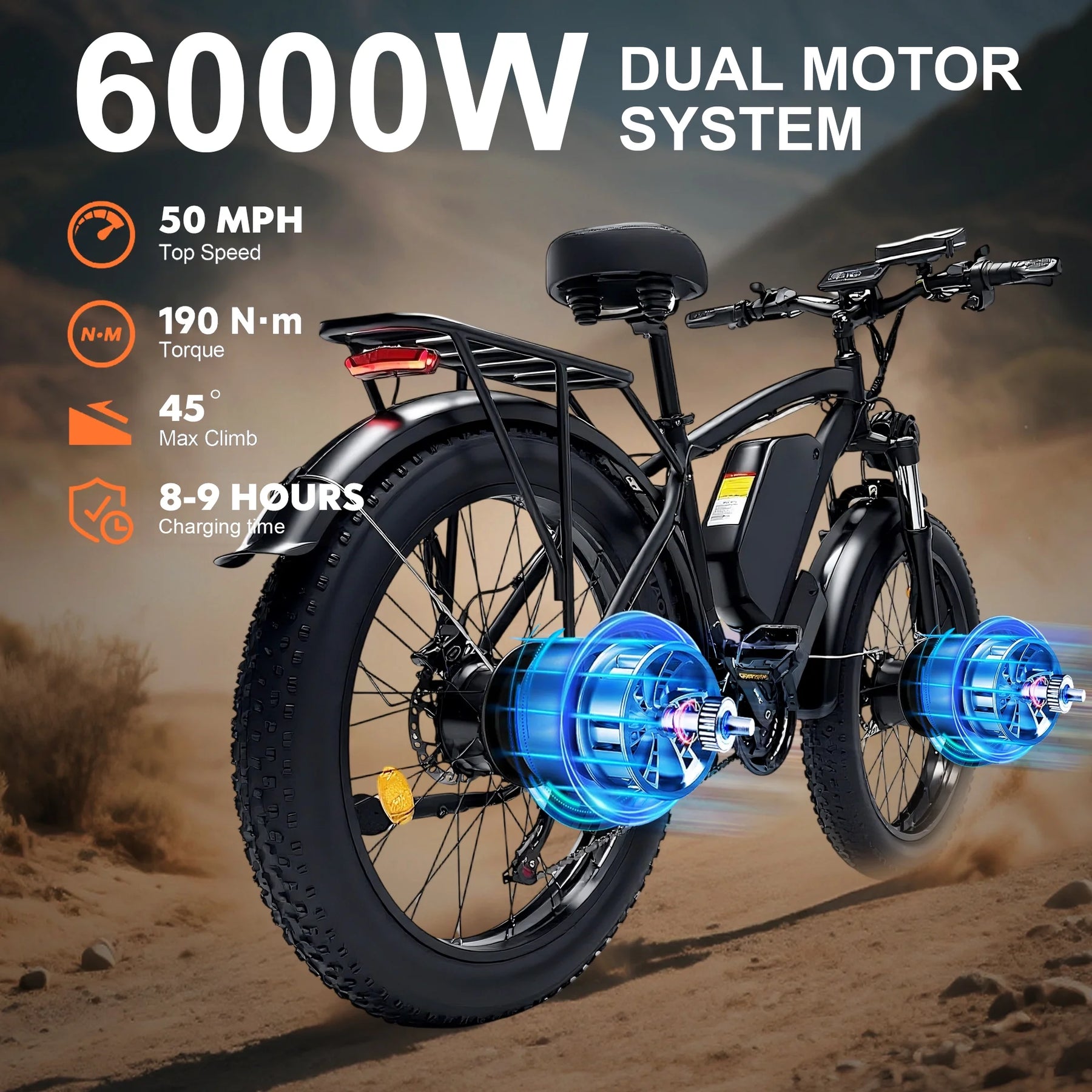 Electric Fat Tire Bike for Adults, 6000W Dual Motor Ebike, Max 50MPH 26"x4.0 Off - Product image 2