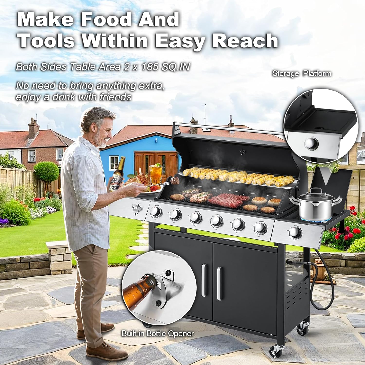 Upgraded 4 Burner BBQ Propane Gas Grill with Cast Iron Grates & Side Stove, 44 - Product image 14