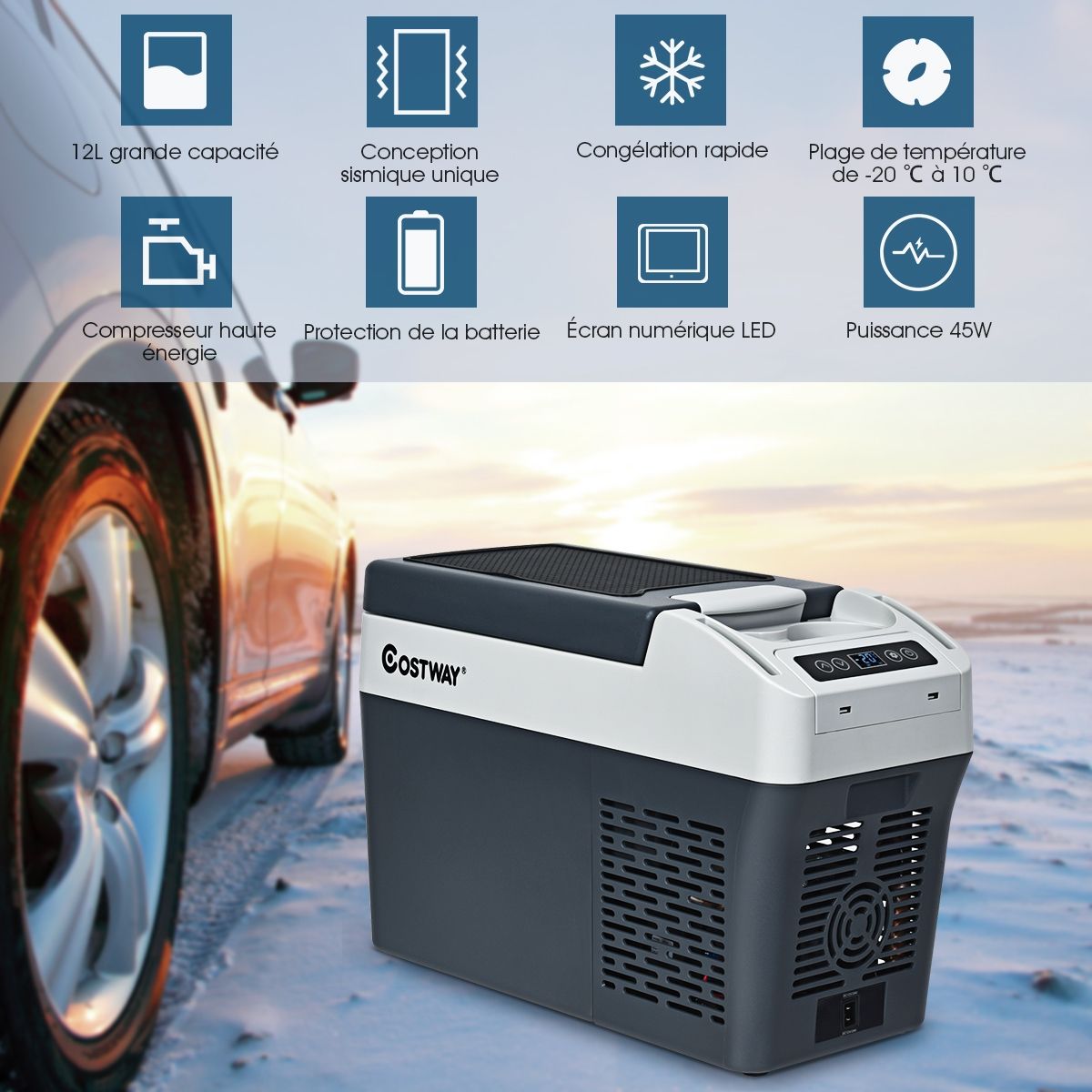 Car Fridge Freezer 12L Portable Compressor -20°C to +10°C LED Bulbs 2 Cup Holders 23x53x36cm -