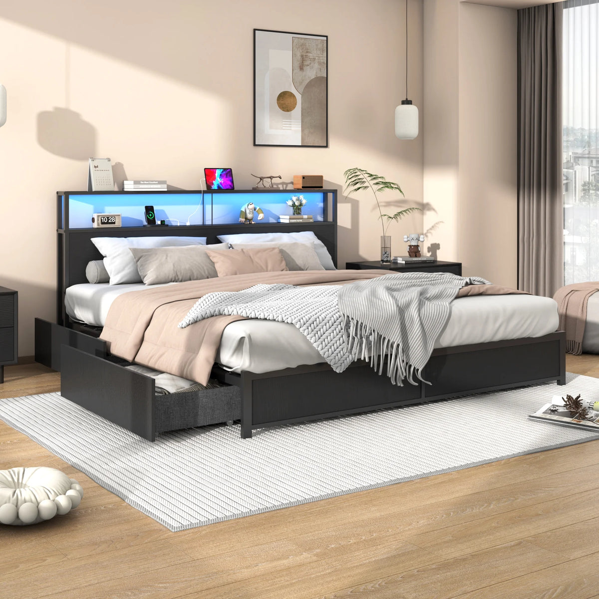 LED Full Bed Frame with Storage Headboard & 4 Drawers, Industrial Metal Platform Bed with Power Charging - Product image 17
