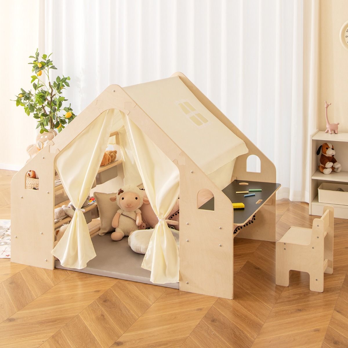 Children's Wooden Indoor Play Tent 6 in 1 Blackboard Table Chair 6 Storage Bins Floor Cushion Playhouse for 2-6 Years Old Beige -