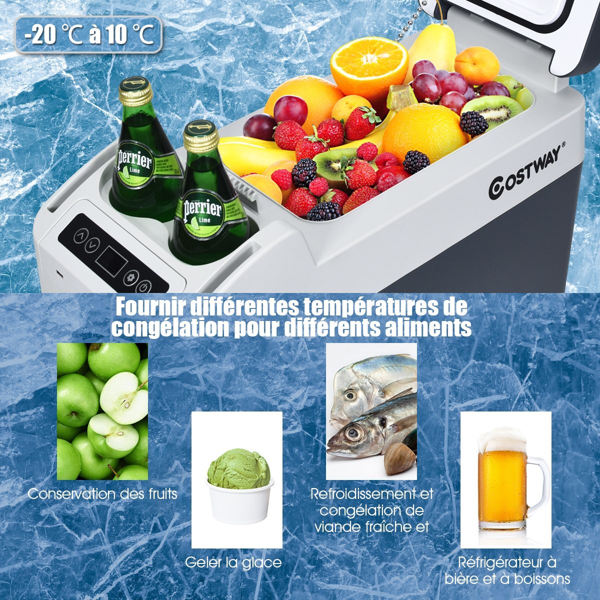 Car Fridge Freezer 12L Portable Compressor -20°C to +10°C LED Bulbs 2 Cup Holders 23x53x36cm -