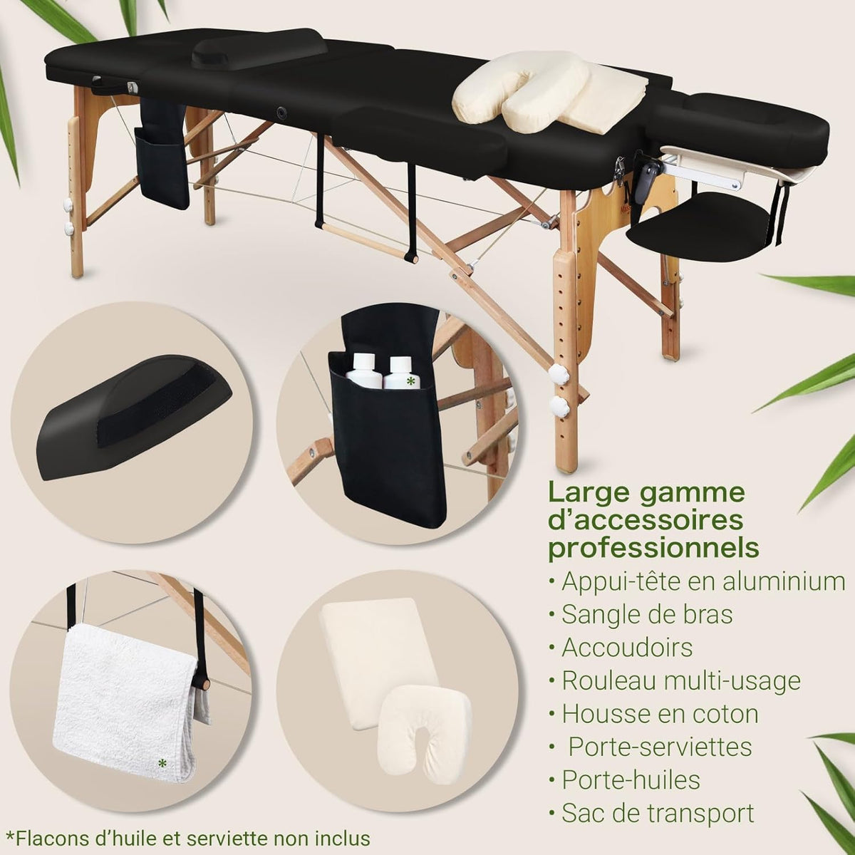 MASSUNDA All INKL Folding and Height-Adjustable Massage Chair – Mobile Solid Wood Massage Table with Sponge Cover, Armrests and Backrests, Ergonomic Headrest (Black)